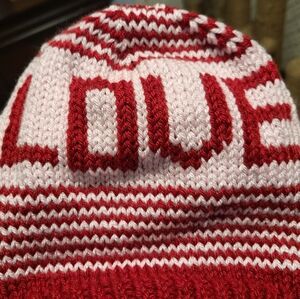 Hand Crafted knit fair isle beanie hat red and pink hearts Kids m - l Adult sm